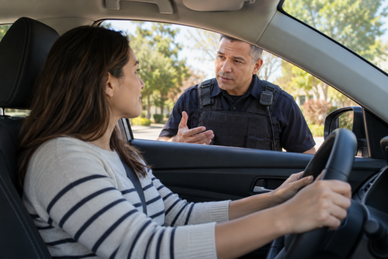 Driver keeps her hands visible on the steering wheel while speaking calmly with an officer.